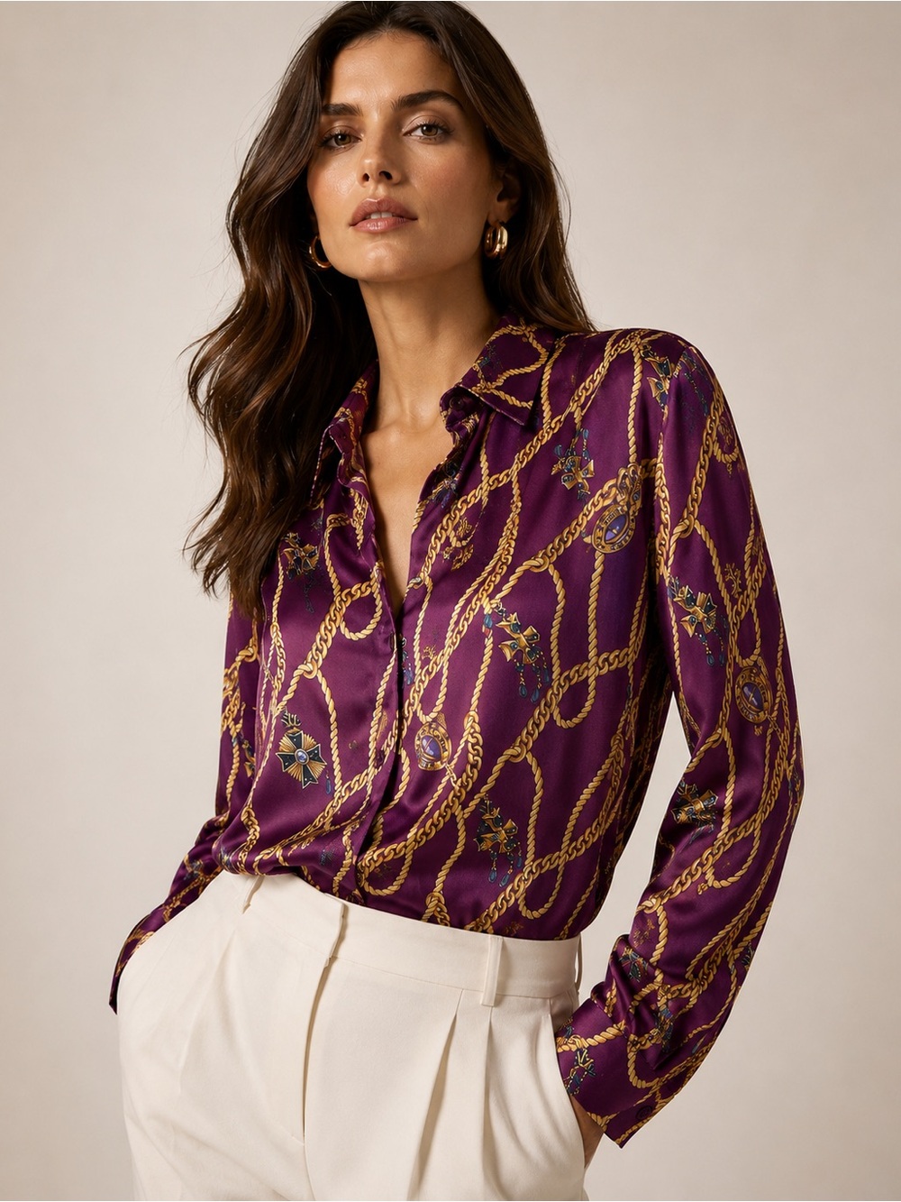 St. John Chain-Print Silk Button-Up Top